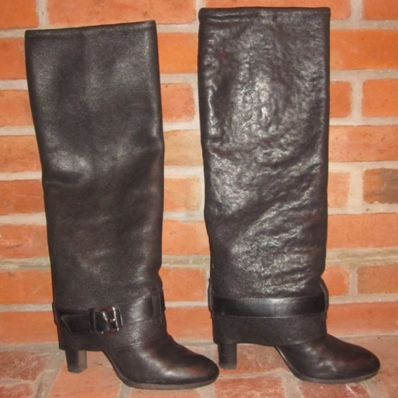 Theory Knee-High Foldover Black Leather Boots - Picture 4 of 8